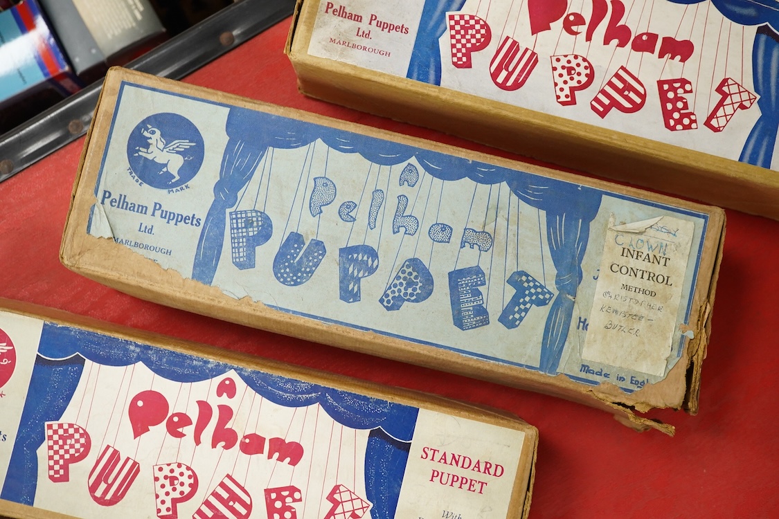 Five Pelham Puppets, four in boxes, including; Prince Charming, a Type SL Fairy Godmother, a Cowboy, Wags the Dog, and Cinderella (unboxed)